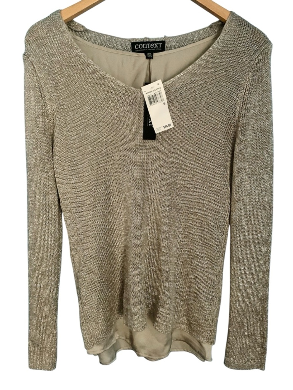 Context Metallic Knit Gray Silver Long Sleeve Tiered Sweater NWT Size M
